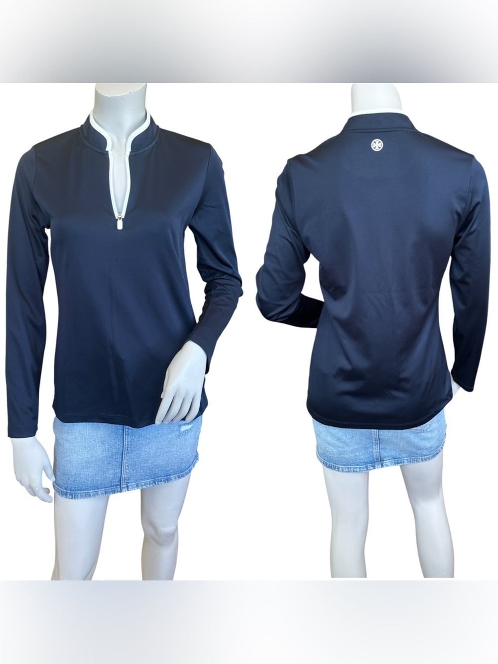 Tory Burch Sport Navy Blue & White 1/4 Zip Jersey Pullover Top Size Small
